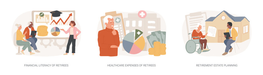 Retiree budget plan isolated concept vector illustration set. Financial literacy of retirees, healthcare expenses, retirement estate planning, health insurance plan, law advisor vector concept. © Vector Juice