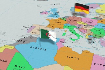 Germany and Algeria - pin flags on political map - 3D illustration