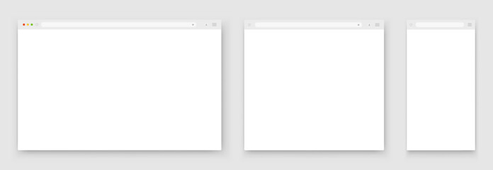 A set of white browser windows of different shapes on a light background. Website layout with search bar, toolbar and buttons. Vector illustration.