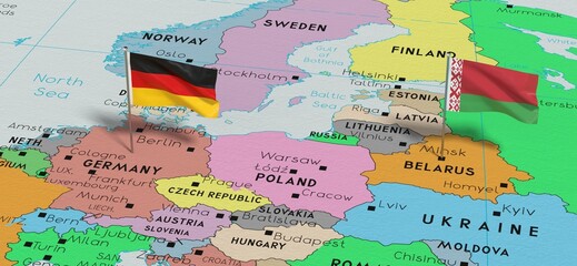 Germany and Belarus - pin flags on political map - 3D illustration