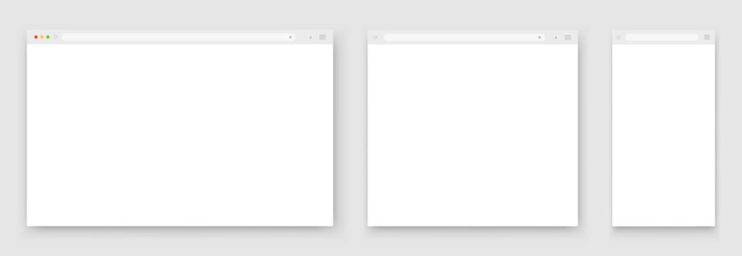 A set of white browser windows of different shapes on a light background. Website layout with search bar, toolbar and buttons. Vector illustration.