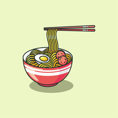 Illustration of a bowl of noodles with egg and meatballs in vector.