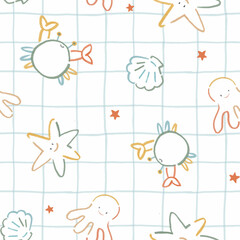 Beautiful kid's seamless pattern with hand drawn cute sea little animals such as octopus, shell, starfish and crab. Stock children's design for textile, gift wrapping and wallpapers. - 705144563