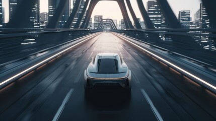 Fototapeta premium Futuristic car, sleek and minimalistic design. Positioned in a modern cityscape or on a futuristic highway