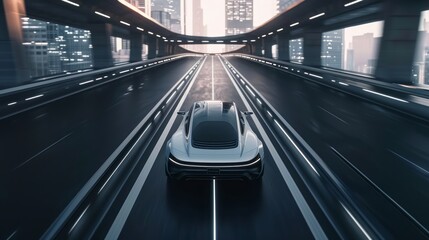 Futuristic car, sleek and minimalistic design. Positioned in a modern cityscape or on a futuristic highway