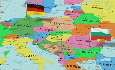 Germany and Bulgaria - pin flags on political map - 3D illustration