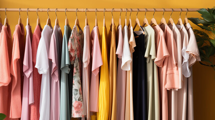 Fototapeta premium Fashionable women's closet wallpaper. Summer closet, dresses and shirts on hangers, Summer closet, dresses and shirts on hangers. Creative concept of women's clothing showroom, dresses store, Ai