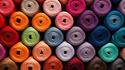 Spools of thread and needle, Threads in a tailor textile fabric colorful cotton threads, birds eye perspective, Ai generated image