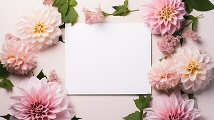 Flowers composition. Frame made of pink dahlia flowers on pastel background. Flat lay, top view, copy space
