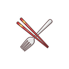 Cartoon Illustration of Chopsticks and Fork Vector. For Restaurant Logos.