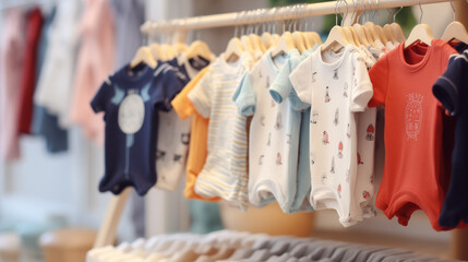 New born baby dress, Trendy cotton baby clothes display on mannequin in clothes shop. Summer collection fashion product samples in clothing store for selling , Ai generated image 