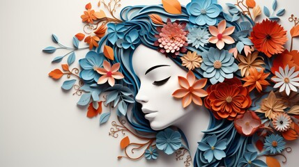 Happy Woman Day. Beautiful woman face with flowers and leaves