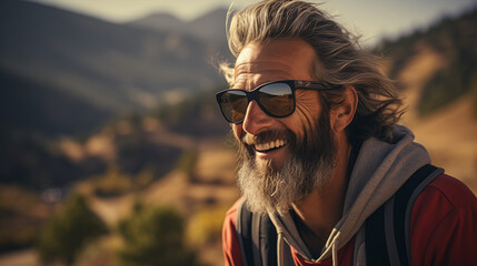 A bearded, energetic, and cheerful old hipster dude is standing with a skateboard in a nature park. A mature traveler who enjoys extreme activities and a free spirit against the backdrop of mountains  - obrazy, fototapety, plakaty
