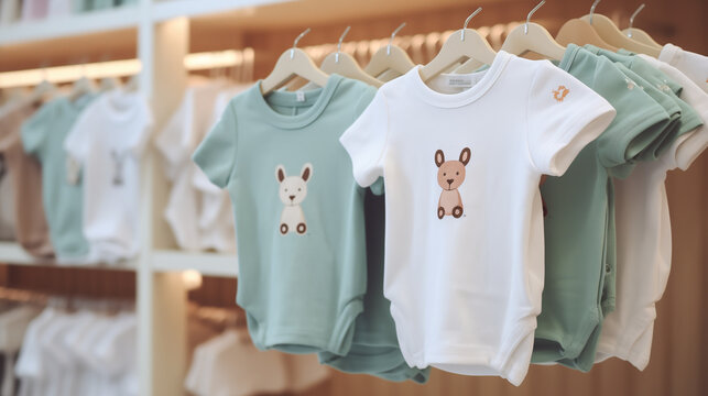 Baby shirts on hangers, Trendy cotton baby clothes display on mannequin in clothes shop. Summer collection fashion product samples in clothing store for selling , Ai generated image 