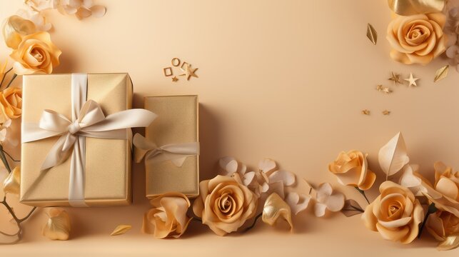 Dift boxes with gold ribbon and flowers on beige background