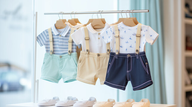 Cute baby dress, Trendy cotton baby clothes display on mannequin in clothes shop. Summer collection fashion product samples in clothing store for selling , Ai generated image 
