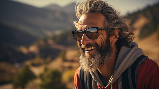 A bearded, energetic, and cheerful old hipster dude is standing with a skateboard in a nature park. A mature traveler who enjoys extreme activities and a free spirit against the backdrop of mountains 