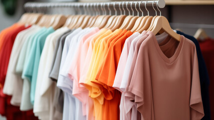 Obraz premium shirts on hangers, Trendy cotton female clothes display on mannequin in clothes shop. Summer collection fashion product samples in clothing store for selling, Ai generated image