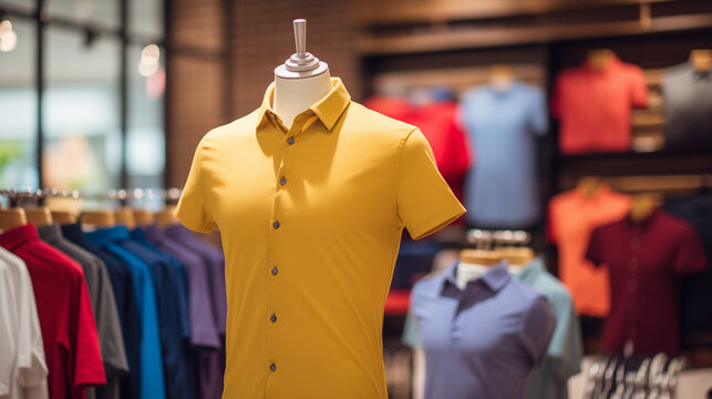 clothes in shop, Trendy cotton Men shirt display on mannequin in clothes shop. Summer collection fashion product samples in clothing store for selling , Ai generated image