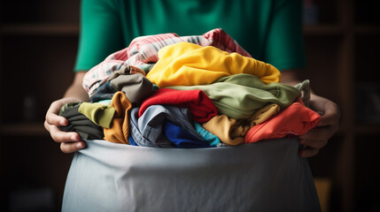 clothes in a basket, Volunteer hands holding a clothes donation box filled with clothing items of all colors close shot, Ai generated image
