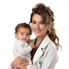 Happy young doctor with hugging cute baby, smiling as baby mother holding baby with love and care  in studio, isolated on transparent background Generative AI	
