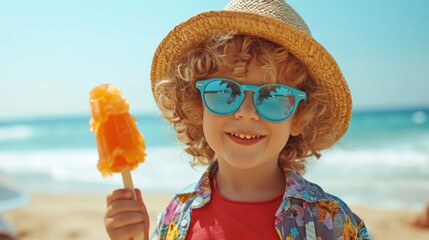 young boy with curly hair is touching an orange frozen treat. He is wearing a red t-shirt and hawaii shirt, a straw hat and blue rimmed glasses on beach