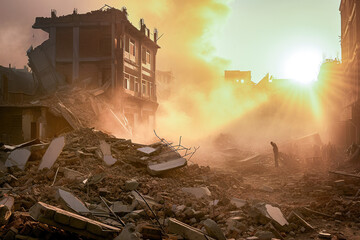 An image capturing the aftermath of a disaster, with a silhouette of a person amidst the rubble and sunrays piercing through the dust.