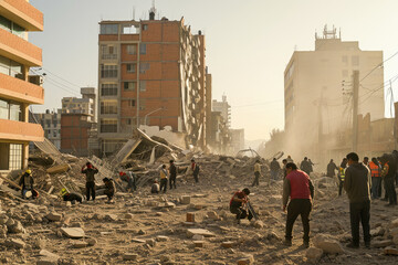 Rescue workers and volunteers search through the rubble after an earthquake, striving to find survivors in the devastated urban area. - obrazy, fototapety, plakaty