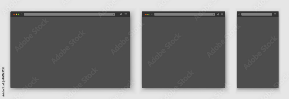 Poster a set of gray browser windows of different shapes on a gray background. website layout with search b