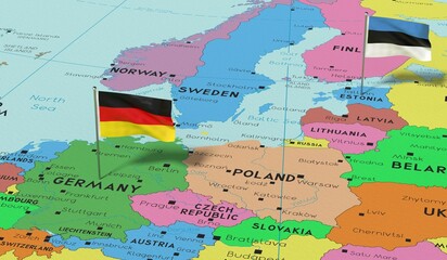 Germany and Estonia - pin flags on political map - 3D illustration