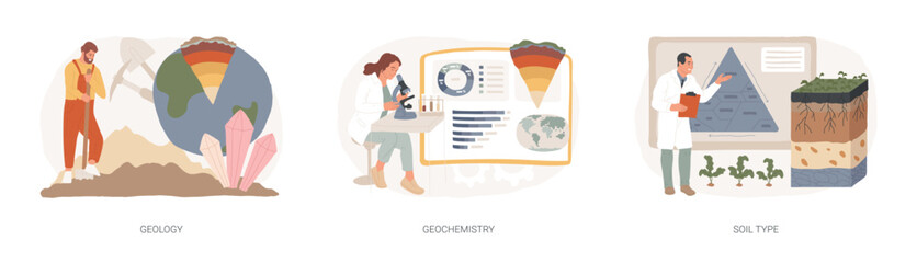 Applied earth science isolated concept vector illustration set. Geology and geochemistry, soil type, physical rocks study, petroleum research and mineralogy, agricultural practice vector concept.
