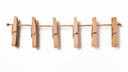clothes peg on a rope, Wooden clothes pins hanging on brown rope isolated on white background Ai generated image - obrazy, fototapety, plakaty