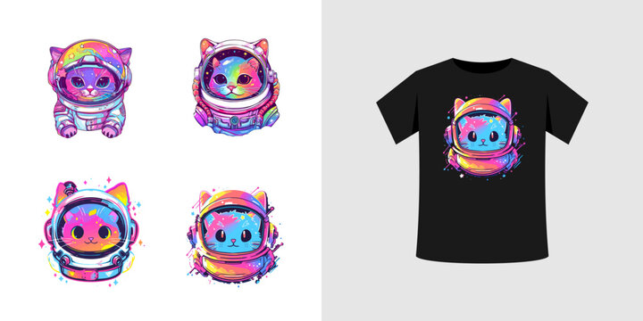 cute cat astronaut illustration with neon style. vector files can be for T shirts, sticker, printing needs