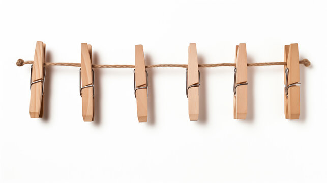 clothes peg on a rope, Wooden clothes pins hanging on brown rope isolated on white background Ai generated image
