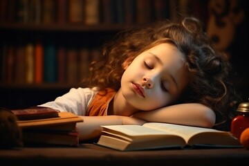girl falls asleep while doing homework at home