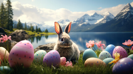 Easter bunny in nature near the lake with Easter eggs