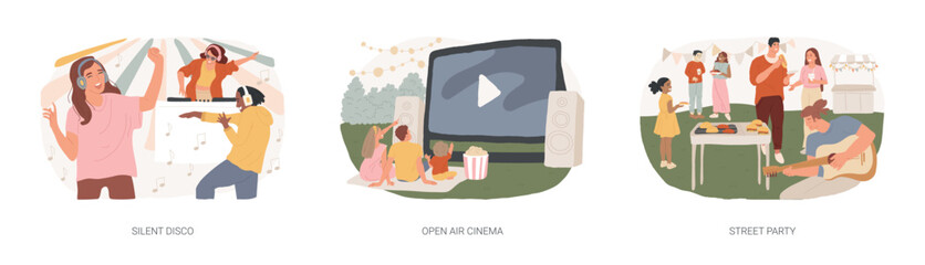 City enternainment isolated concept vector illustration set. Silent disco, open air cinema, street party, club event, DJ set streaming, movie theater, buy ticket online, outdoor fun vector concept.