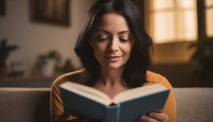 Naklejka premium Adult woman is reading a book at home