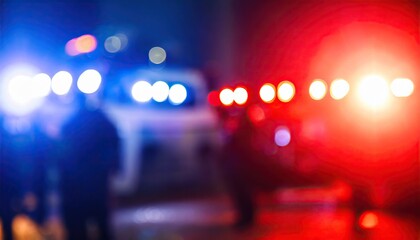 Blurred background of police flashing lights at the crime scene