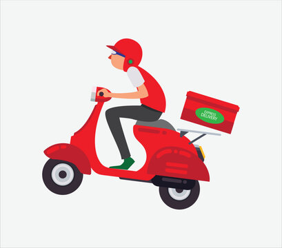 A man riding red scooter delivery isolated on white background. Online restaurant order food service. E-commerce concept. vector illustration flat design.
