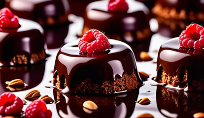chocolate pralines glistening with a glossy with raspberry, plate of chocolates and raspberries...