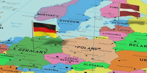 Germany and Latvia - pin flags on political map - 3D illustration