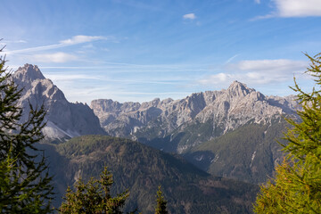 Scenic view of steep mount Haunold in majestic mountain range of untamed Sexten Dolomites, South...