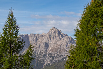 Scenic view of steep mount Haunold in majestic mountain range of untamed Sexten Dolomites, South...