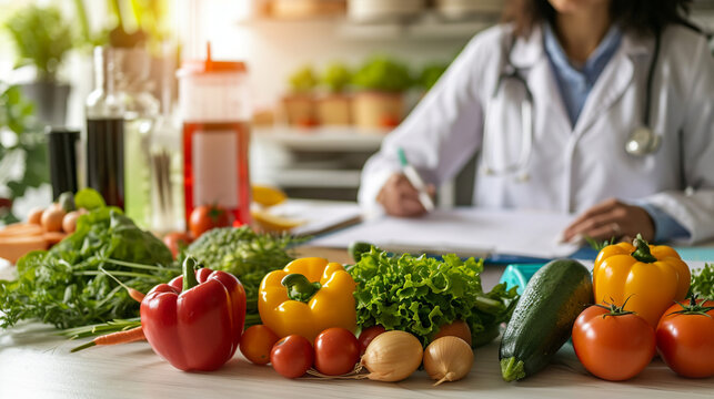 a nutritionist and dietitian writes a prescription to a patient. healthy lifestyle concept