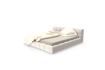 white bed with pillow and bedsheet 3d on a white surface
