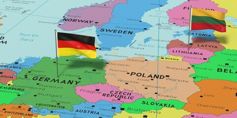 Naklejka premium Germany and Lithuania - pin flags on political map - 3D illustration