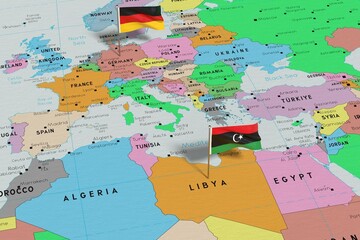 Germany and Libya - pin flags on political map - 3D illustration