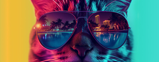 Trendy cat with mirrored sunglasses. Cool vacation vibes. Trendy fashionable neon colors.