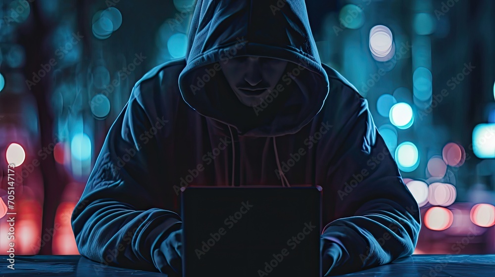 Poster hacker using laptop. lots of digits on the computer screen.
